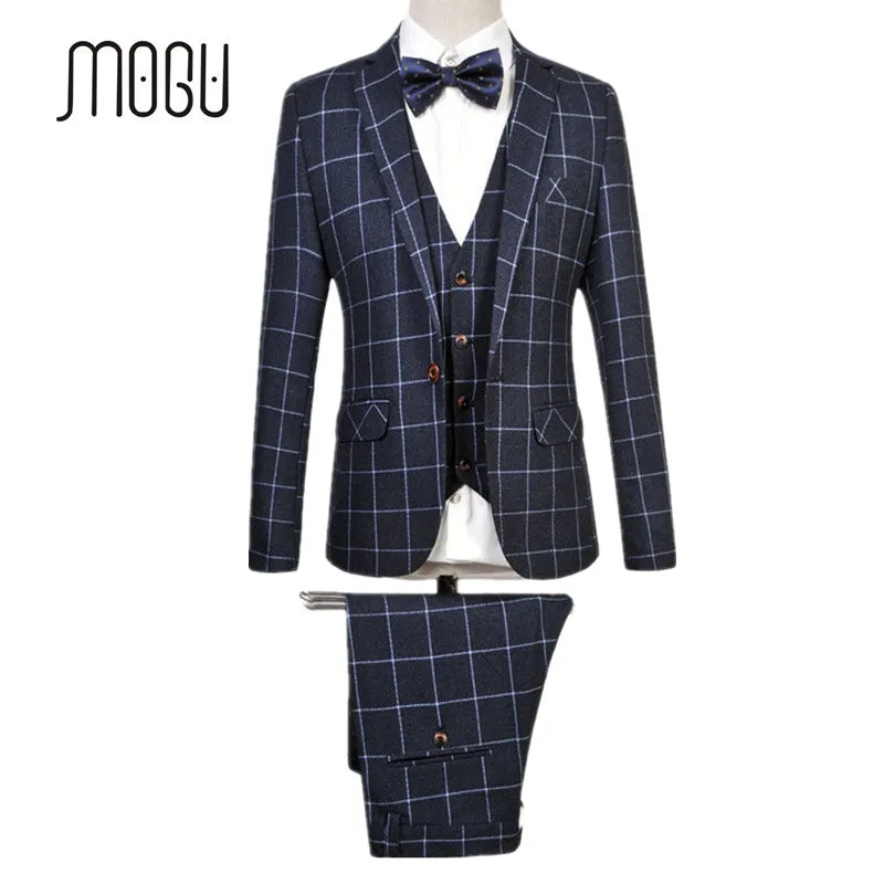 MOGU 2017 New Latest Coat Pant Designs Fashion Plaid Suits For Men Slim Fit 3 Piece Suit Men Plus Size M-6XL Suits For Men