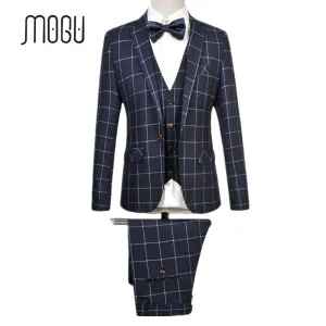 MOGU 2017 New Latest Coat Pant Designs Fashion Plaid Suits For Men Slim Fit 3 Piece Suit Men Plus Size M-6XL Suits For Men