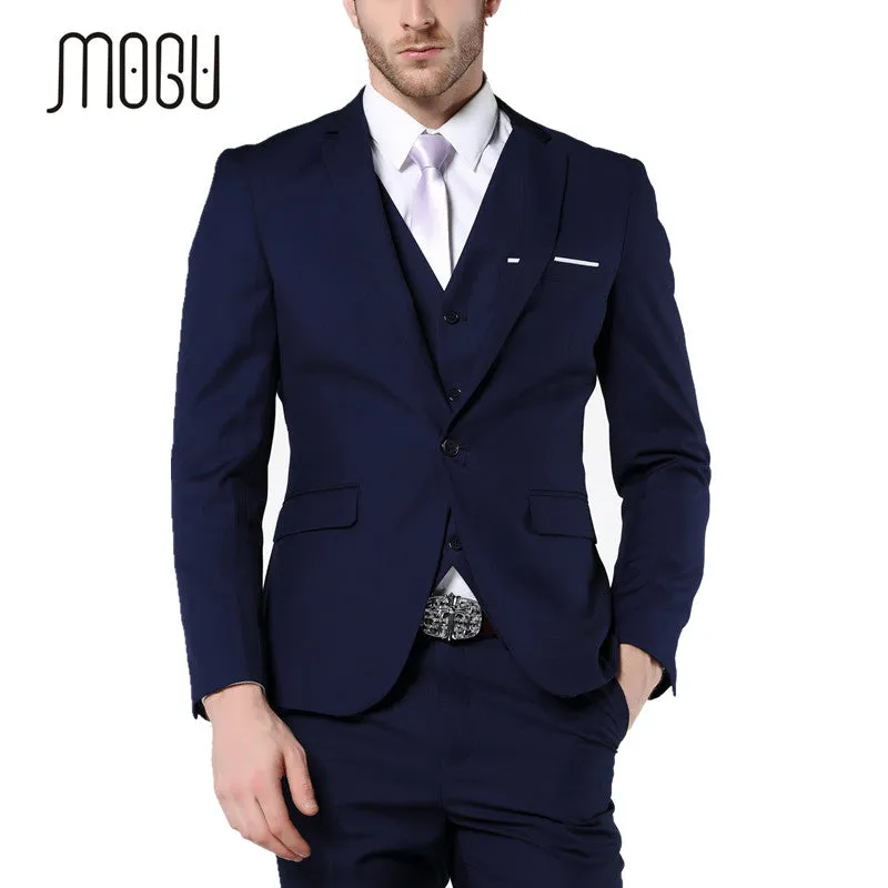 MOGU 2017 New Slim Fit Mens Suits Three Piece Navy Bue Suit Mens Wedding Suits Mens Blazer Pants Vest