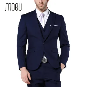 MOGU 2017 New Slim Fit Mens Suits Three Piece Navy Bue Suit Mens Wedding Suits Mens Blazer Pants Vest