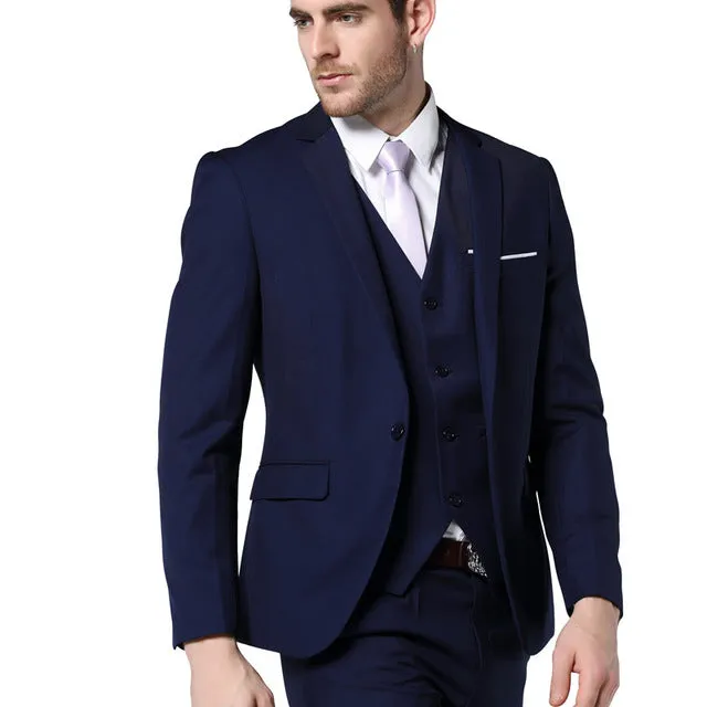 MOGU 2017 New Slim Fit Mens Suits Three Piece Navy Bue Suit Mens Wedding Suits Mens Blazer Pants Vest