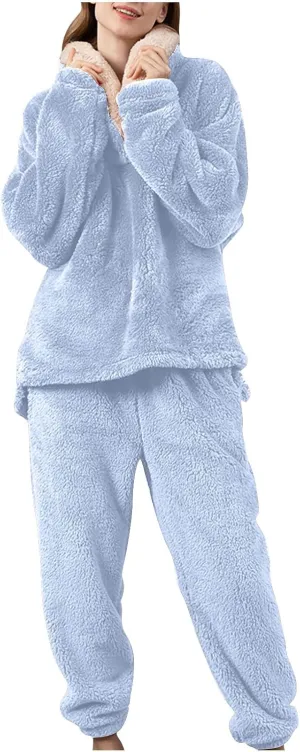 Mzkdieey Fluffy Pajamas Set for Women Fleece Pullover Pants Loose Plush Sleepwear 2 Piece Pjs Set Warm Fuzzy Loungewear