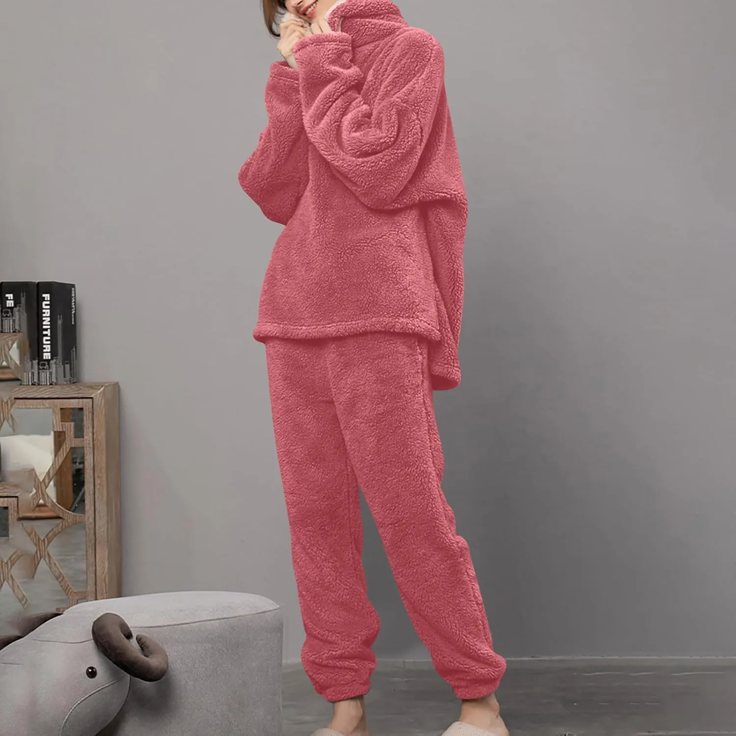 Mzkdieey Fluffy Pajamas Set for Women Fleece Pullover Pants Loose Plush Sleepwear 2 Piece Pjs Set Warm Fuzzy Loungewear