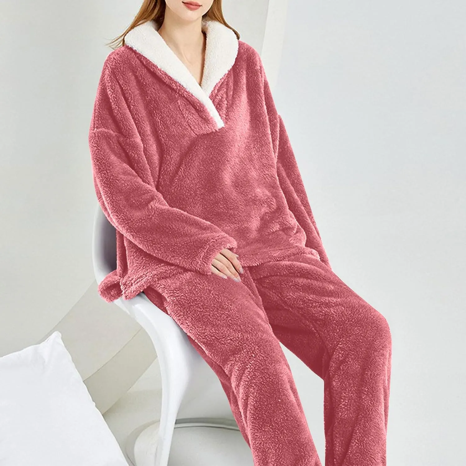 Mzkdieey Fluffy Pajamas Set for Women Fleece Pullover Pants Loose Plush Sleepwear 2 Piece Pjs Set Warm Fuzzy Loungewear