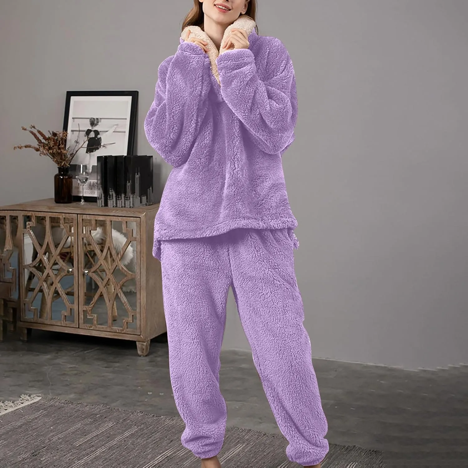 Mzkdieey Fluffy Pajamas Set for Women Fleece Pullover Pants Loose Plush Sleepwear 2 Piece Pjs Set Warm Fuzzy Loungewear