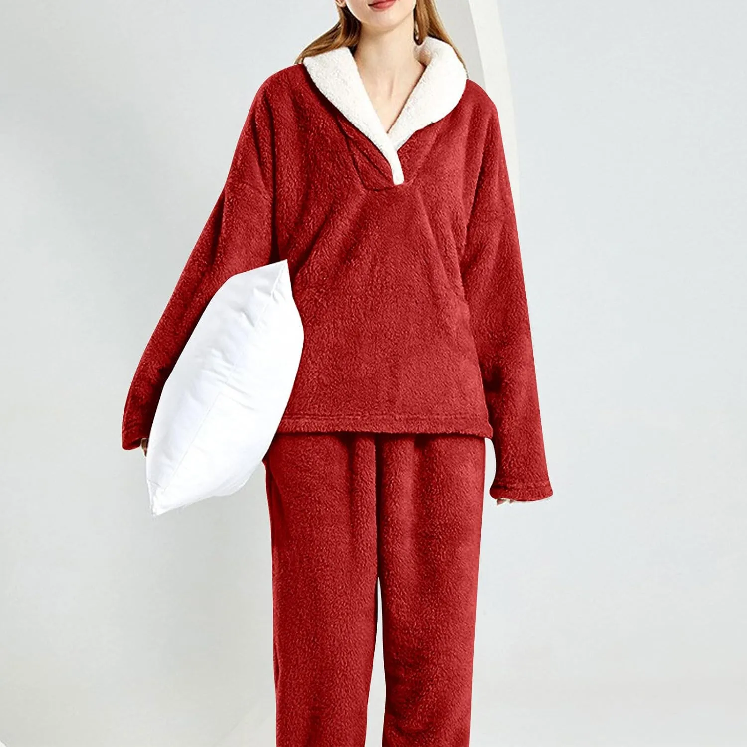 Mzkdieey Fluffy Pajamas Set for Women Fleece Pullover Pants Loose Plush Sleepwear 2 Piece Pjs Set Warm Fuzzy Loungewear