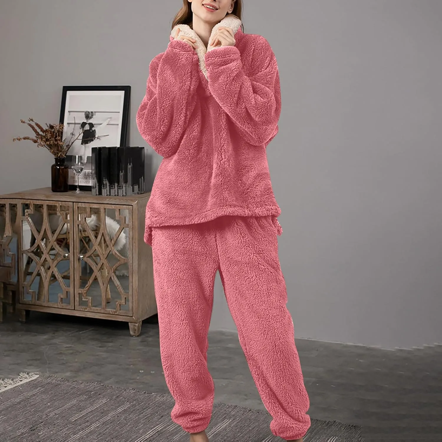 Mzkdieey Fluffy Pajamas Set for Women Fleece Pullover Pants Loose Plush Sleepwear 2 Piece Pjs Set Warm Fuzzy Loungewear