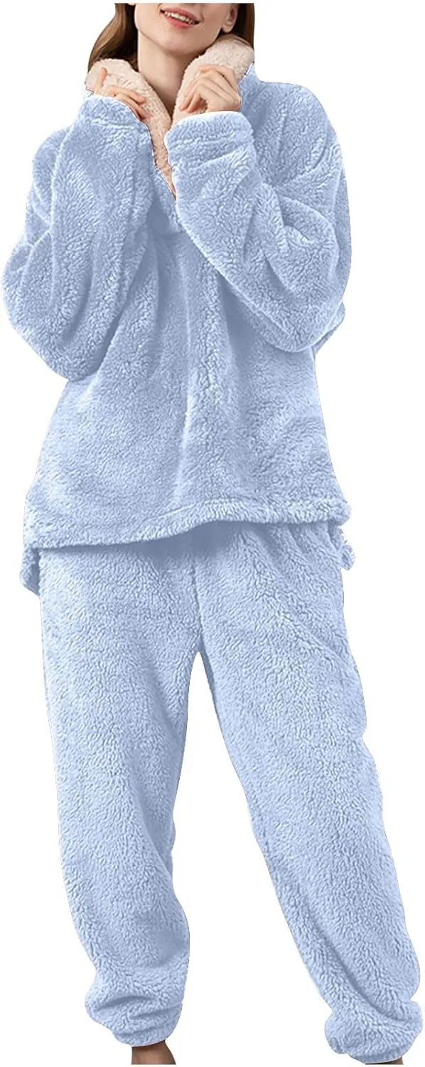Mzkdieey Fluffy Pajamas Set for Women Fleece Pullover Pants Loose Plush Sleepwear 2 Piece Pjs Set Warm Fuzzy Loungewear