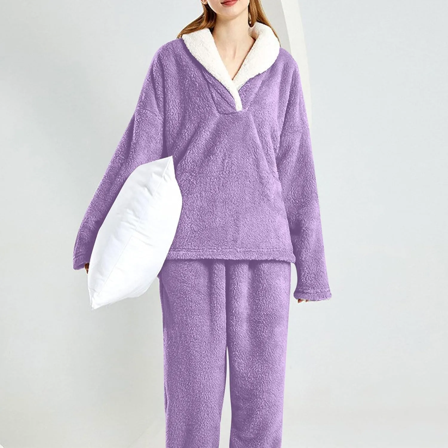 Mzkdieey Fluffy Pajamas Set for Women Fleece Pullover Pants Loose Plush Sleepwear 2 Piece Pjs Set Warm Fuzzy Loungewear