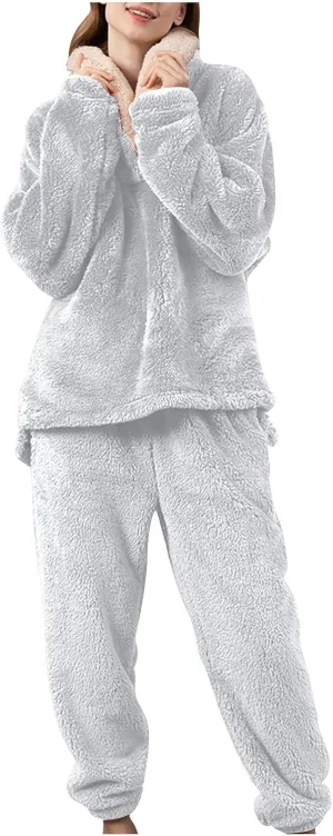 Mzkdieey Fluffy Pajamas Set for Women Fleece Pullover Pants Loose Plush Sleepwear 2 Piece Pjs Set Warm Fuzzy Loungewear