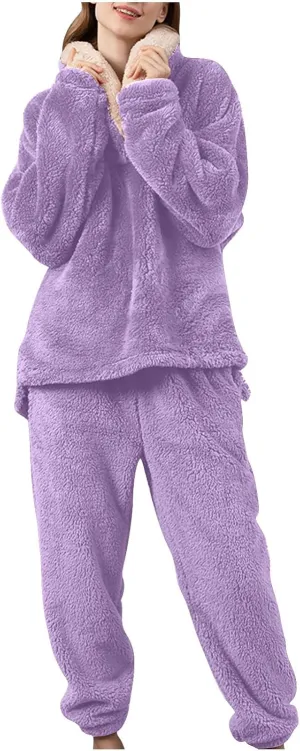Mzkdieey Fluffy Pajamas Set for Women Fleece Pullover Pants Loose Plush Sleepwear 2 Piece Pjs Set Warm Fuzzy Loungewear