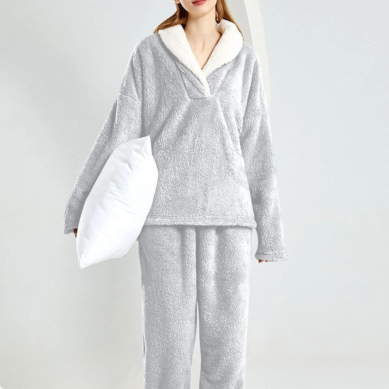 Mzkdieey Fluffy Pajamas Set for Women Fleece Pullover Pants Loose Plush Sleepwear 2 Piece Pjs Set Warm Fuzzy Loungewear