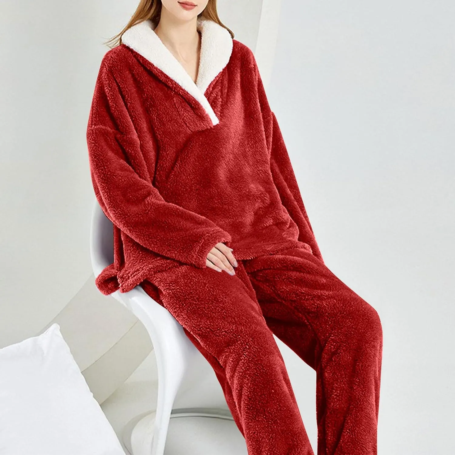Mzkdieey Fluffy Pajamas Set for Women Fleece Pullover Pants Loose Plush Sleepwear 2 Piece Pjs Set Warm Fuzzy Loungewear