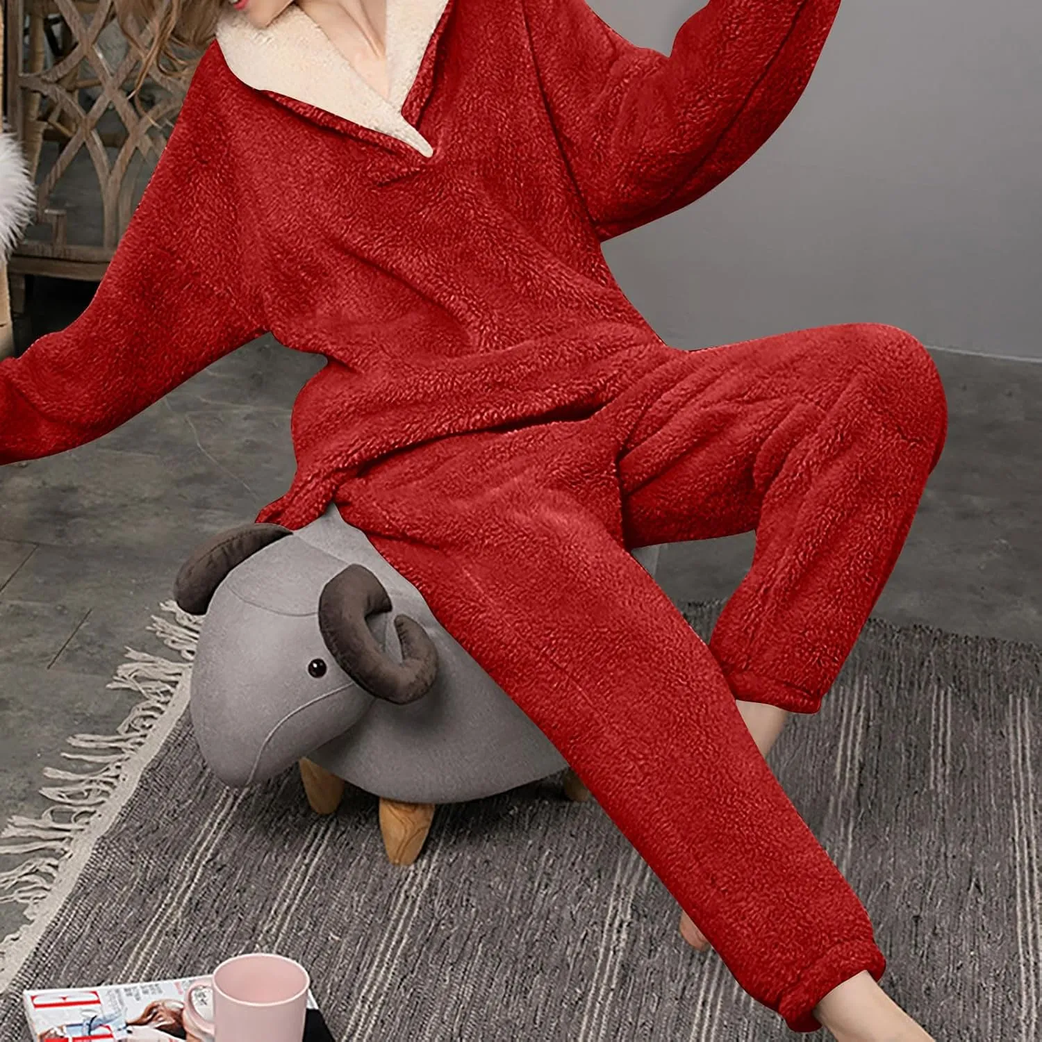 Mzkdieey Fluffy Pajamas Set for Women Fleece Pullover Pants Loose Plush Sleepwear 2 Piece Pjs Set Warm Fuzzy Loungewear