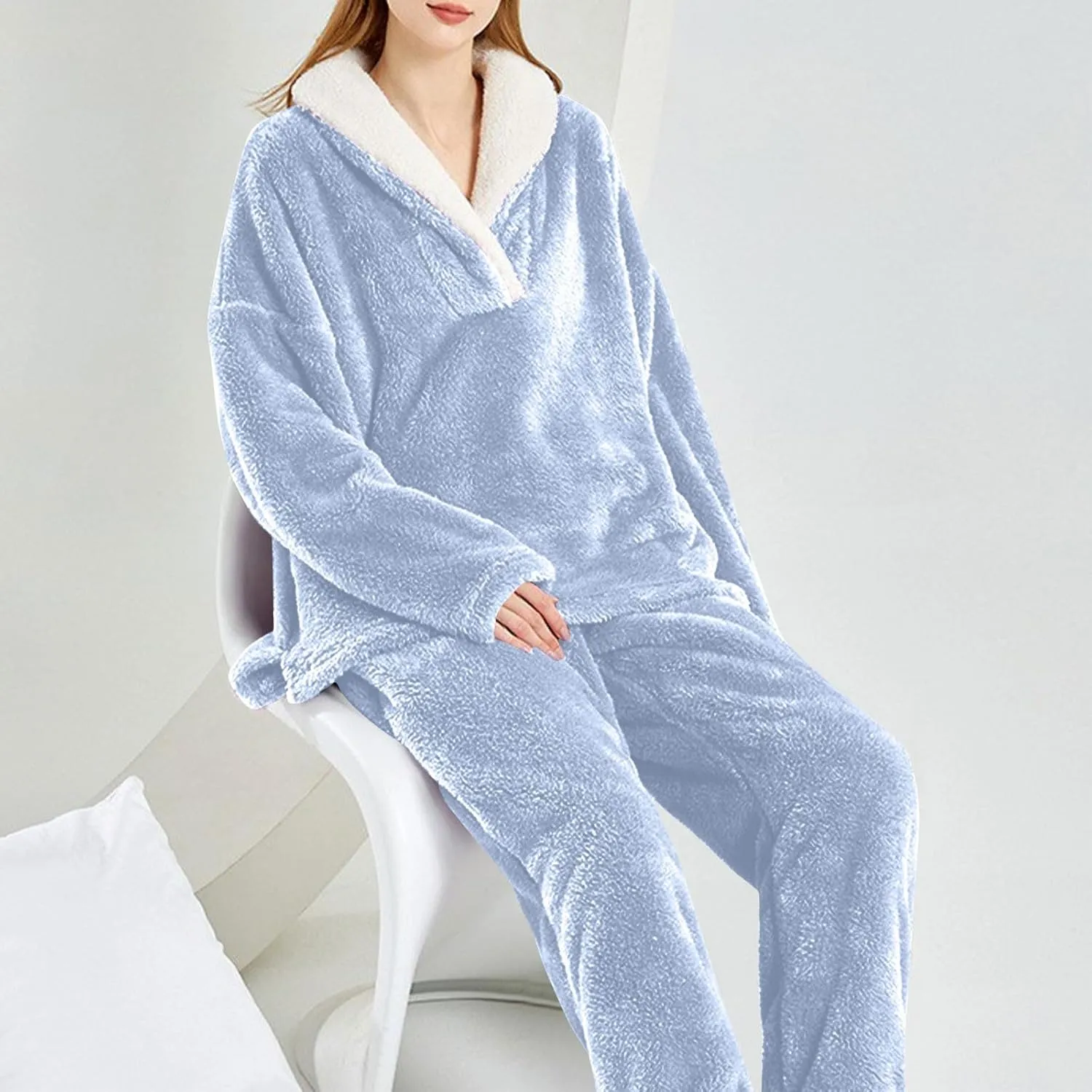 Mzkdieey Fluffy Pajamas Set for Women Fleece Pullover Pants Loose Plush Sleepwear 2 Piece Pjs Set Warm Fuzzy Loungewear