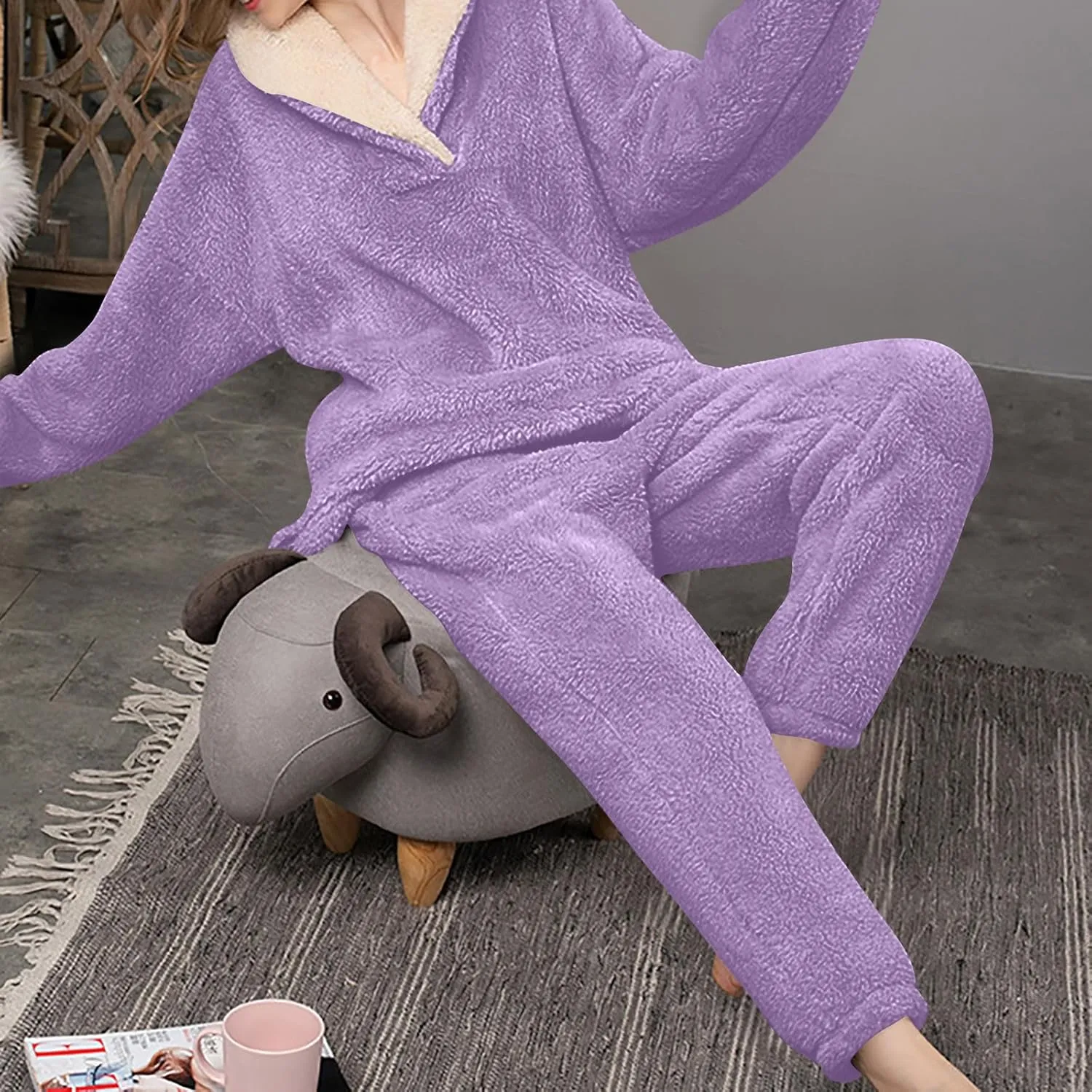 Mzkdieey Fluffy Pajamas Set for Women Fleece Pullover Pants Loose Plush Sleepwear 2 Piece Pjs Set Warm Fuzzy Loungewear