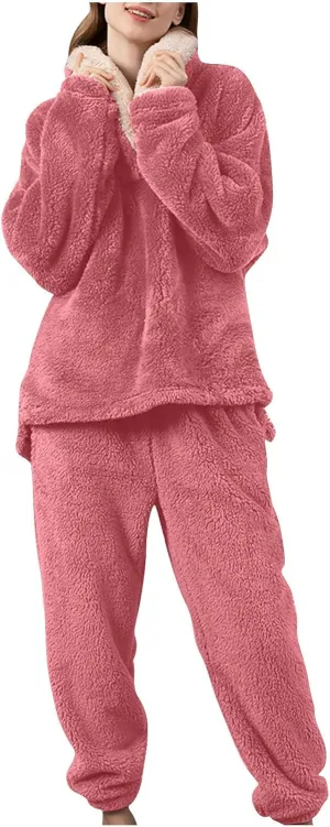 Mzkdieey Fluffy Pajamas Set for Women Fleece Pullover Pants Loose Plush Sleepwear 2 Piece Pjs Set Warm Fuzzy Loungewear