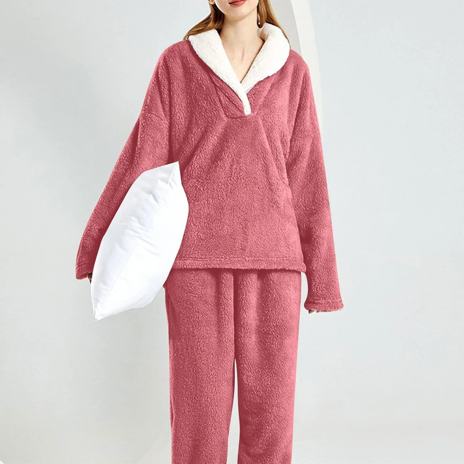 Mzkdieey Fluffy Pajamas Set for Women Fleece Pullover Pants Loose Plush Sleepwear 2 Piece Pjs Set Warm Fuzzy Loungewear