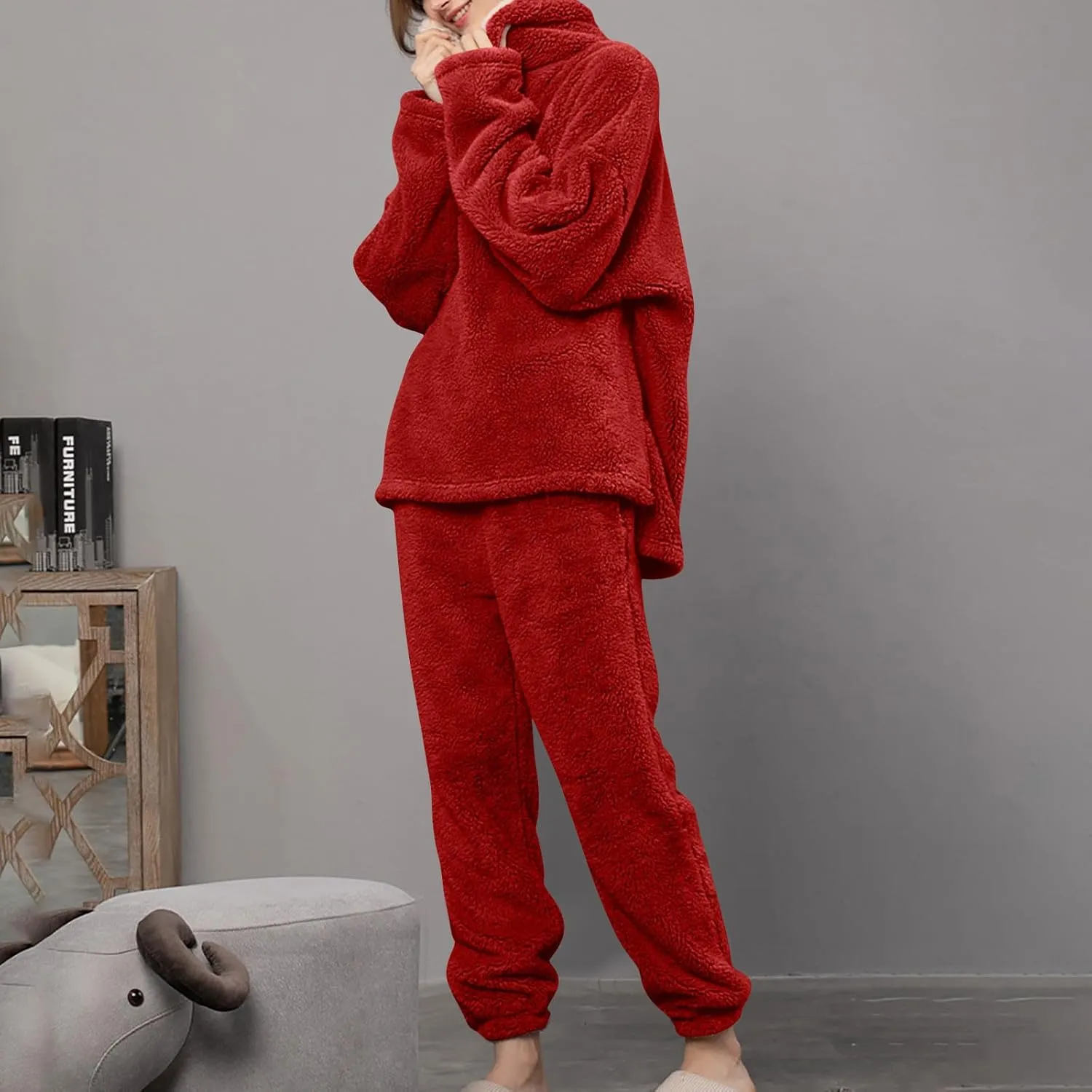 Mzkdieey Fluffy Pajamas Set for Women Fleece Pullover Pants Loose Plush Sleepwear 2 Piece Pjs Set Warm Fuzzy Loungewear