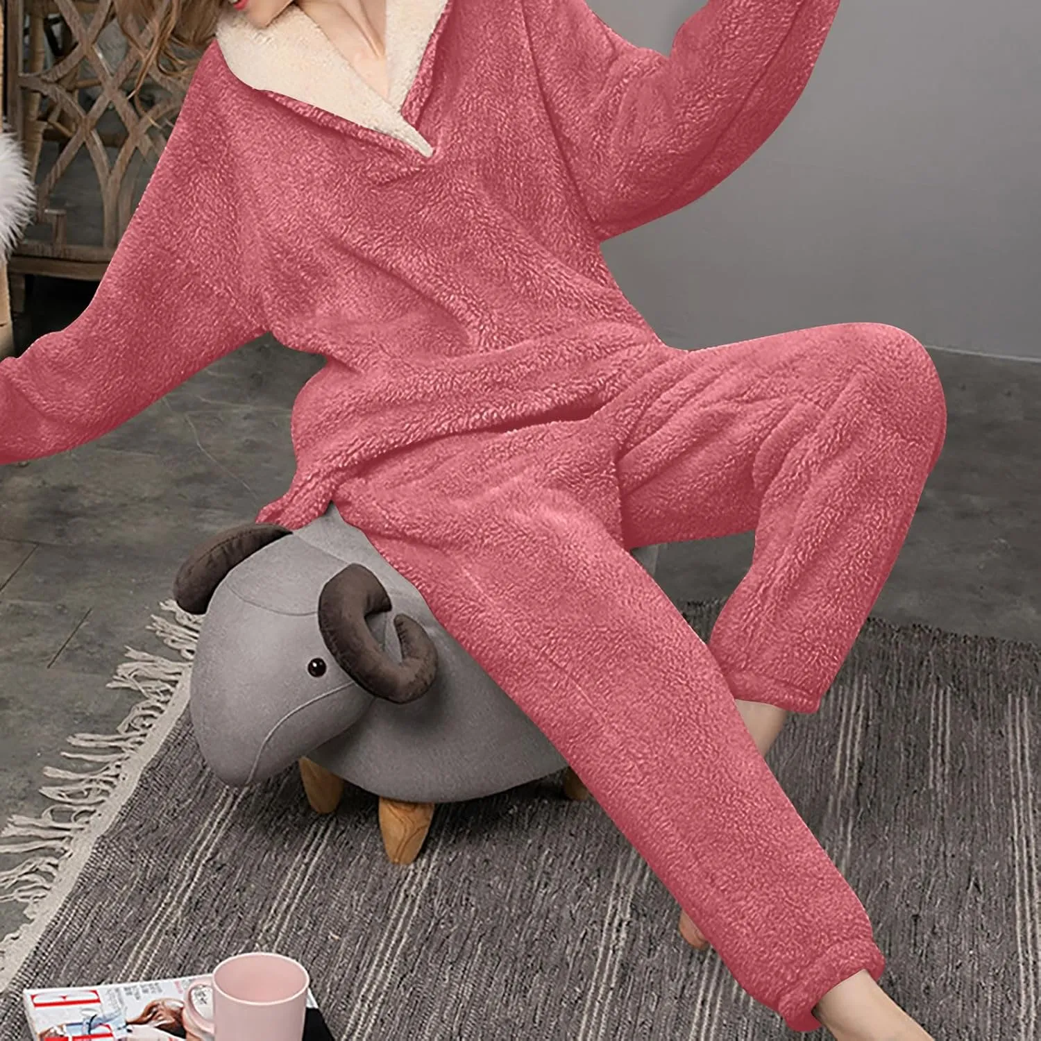 Mzkdieey Fluffy Pajamas Set for Women Fleece Pullover Pants Loose Plush Sleepwear 2 Piece Pjs Set Warm Fuzzy Loungewear