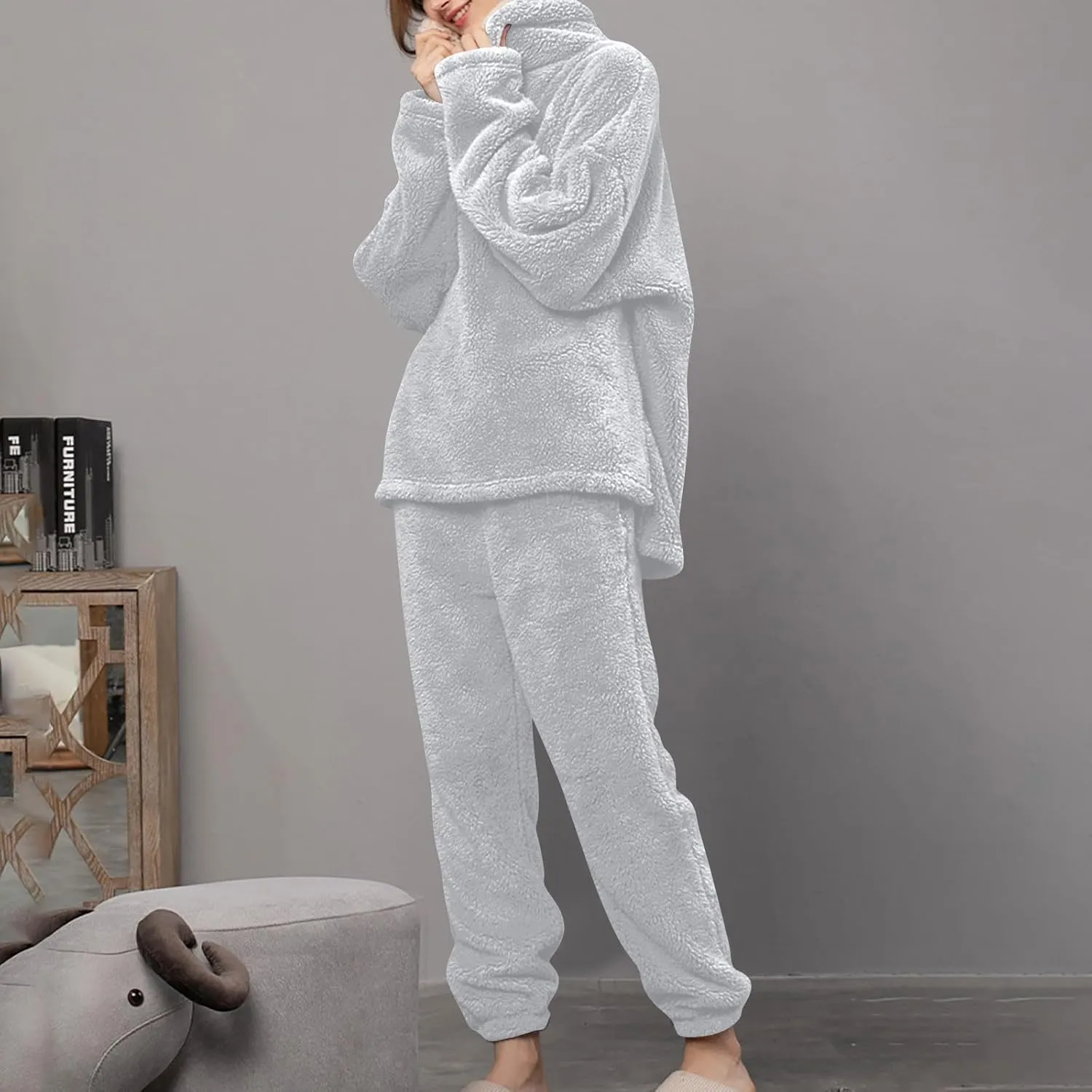 Mzkdieey Fluffy Pajamas Set for Women Fleece Pullover Pants Loose Plush Sleepwear 2 Piece Pjs Set Warm Fuzzy Loungewear