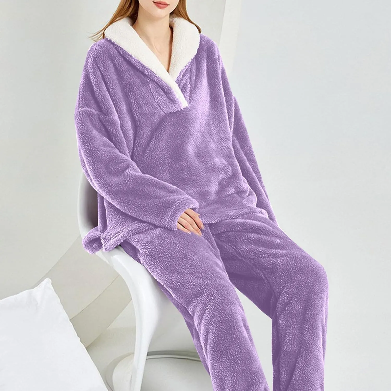 Mzkdieey Fluffy Pajamas Set for Women Fleece Pullover Pants Loose Plush Sleepwear 2 Piece Pjs Set Warm Fuzzy Loungewear