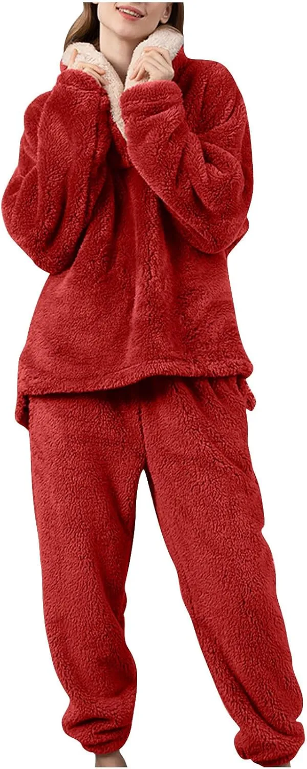 Mzkdieey Fluffy Pajamas Set for Women Fleece Pullover Pants Loose Plush Sleepwear 2 Piece Pjs Set Warm Fuzzy Loungewear