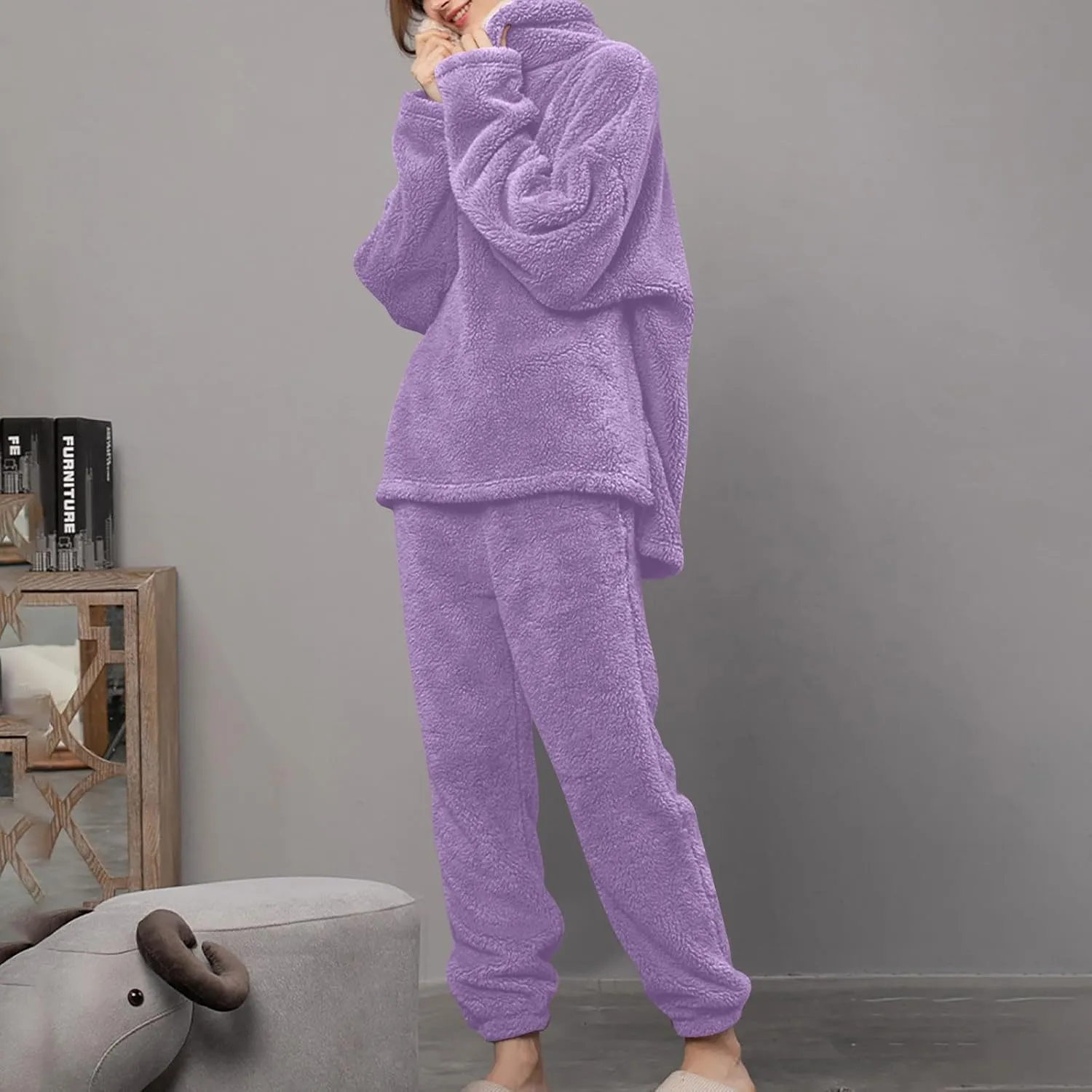 Mzkdieey Fluffy Pajamas Set for Women Fleece Pullover Pants Loose Plush Sleepwear 2 Piece Pjs Set Warm Fuzzy Loungewear
