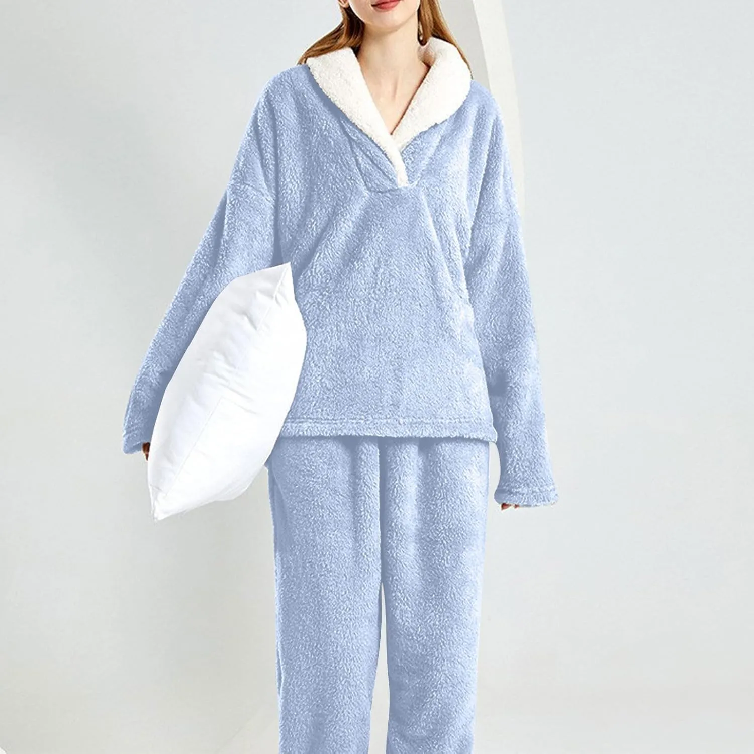 Mzkdieey Fluffy Pajamas Set for Women Fleece Pullover Pants Loose Plush Sleepwear 2 Piece Pjs Set Warm Fuzzy Loungewear