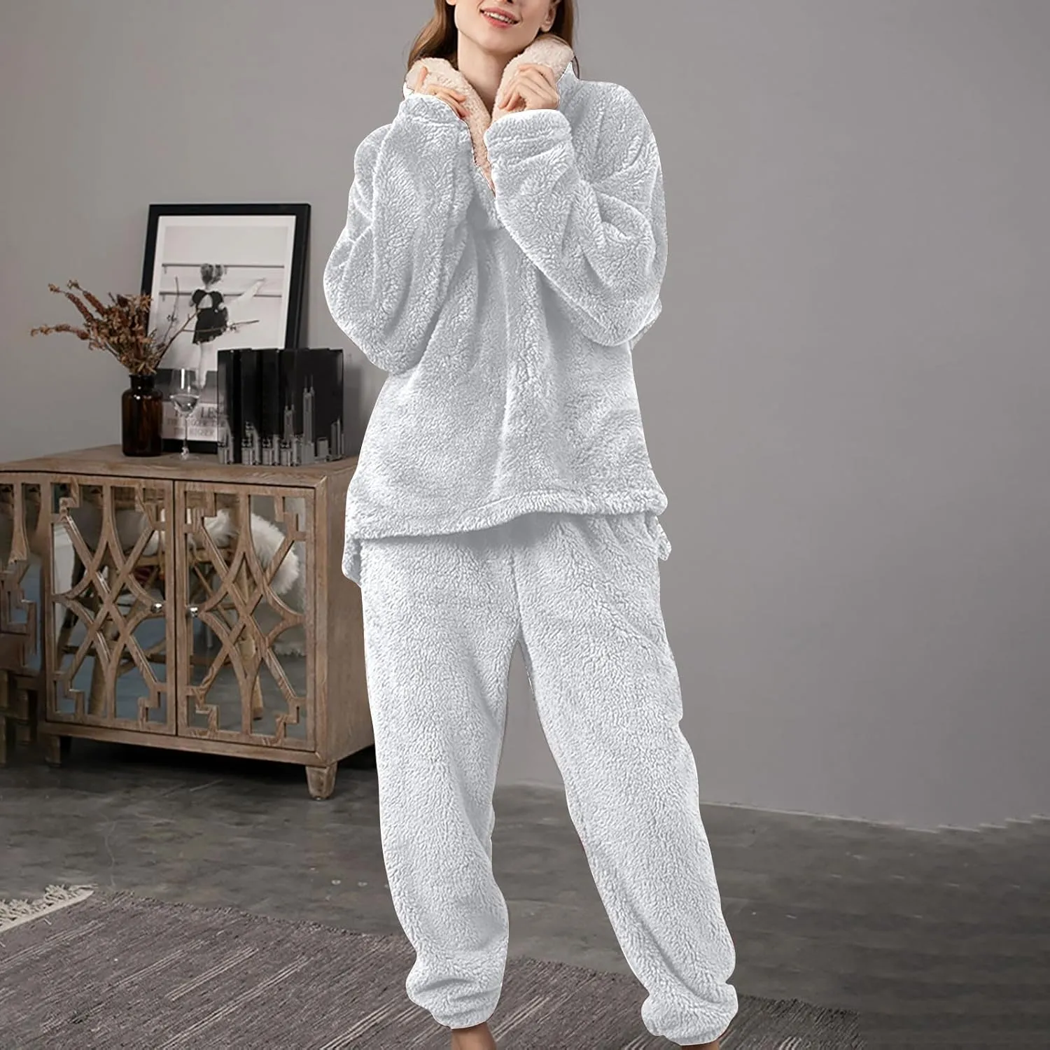 Mzkdieey Fluffy Pajamas Set for Women Fleece Pullover Pants Loose Plush Sleepwear 2 Piece Pjs Set Warm Fuzzy Loungewear