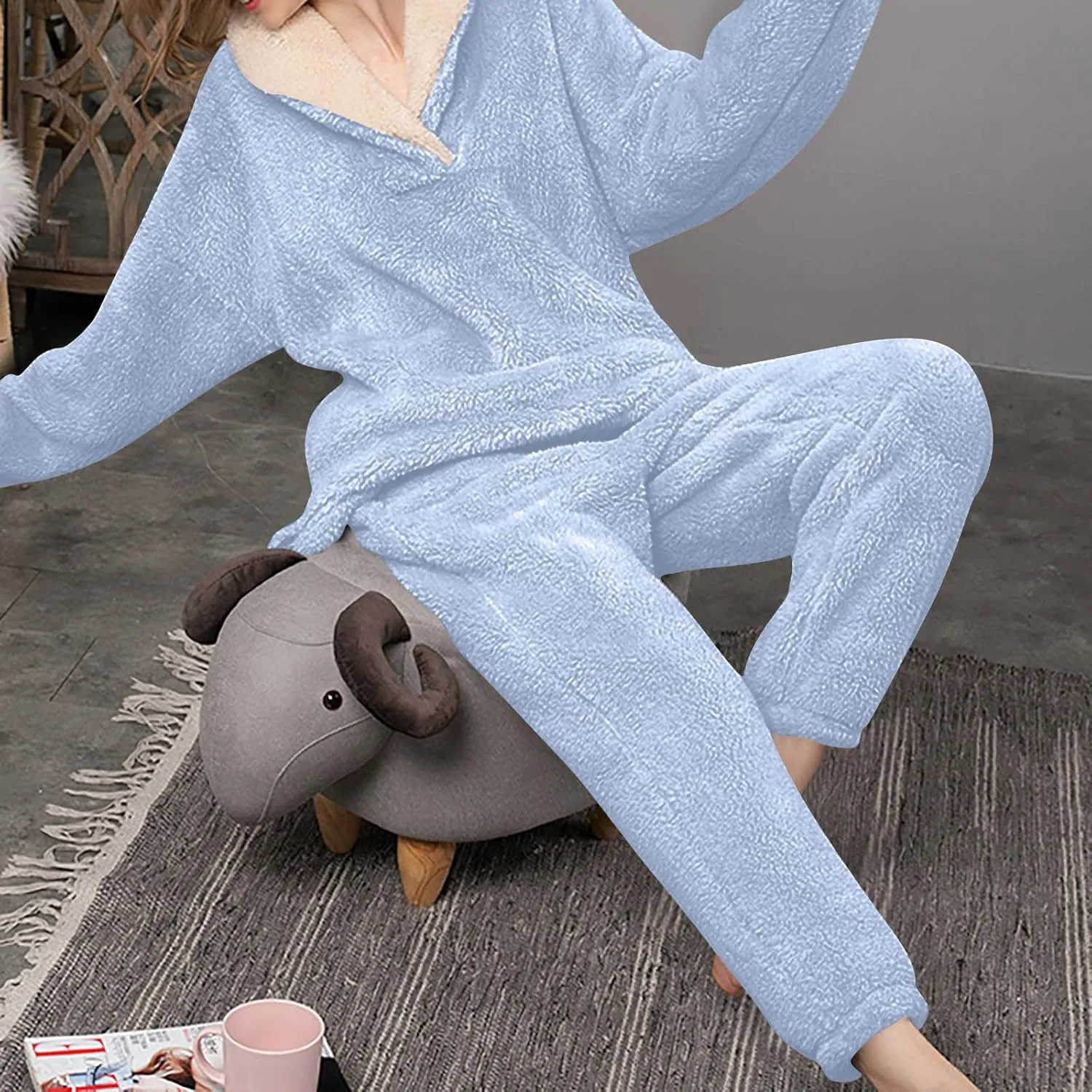 Mzkdieey Fluffy Pajamas Set for Women Fleece Pullover Pants Loose Plush Sleepwear 2 Piece Pjs Set Warm Fuzzy Loungewear