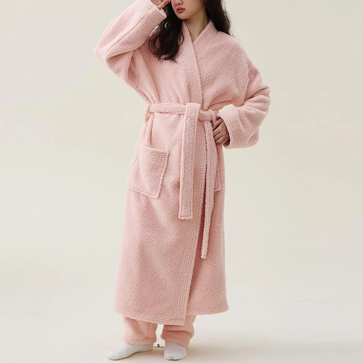 Mzkdieey Women Fuzzy Pajama Set Soft Plush Robe and Fleece Pants 2 Piece Sleepwear Loungewear Winter Warm House Coat