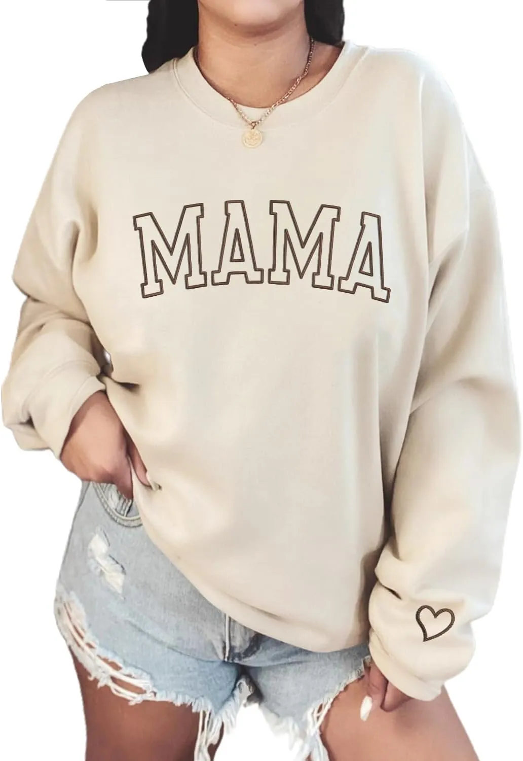 NAZENTI Embroidered Mama Sweatshirt, Mothers Day Sweatshirt Gifts for Mom Mama, Embroidered Crewneck Sweatshirt for Women
