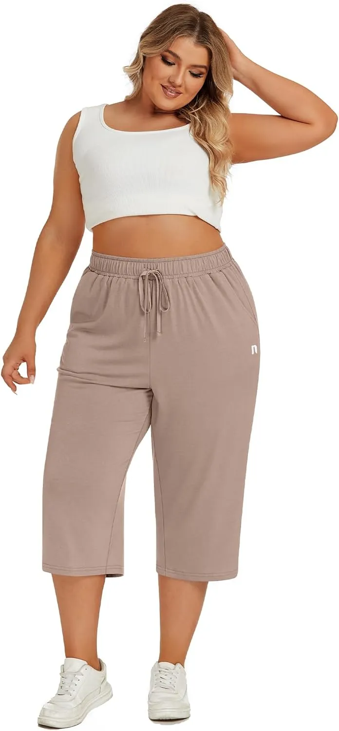 Neer 3 Pack Women's Plus Size Capris, Cotton Wide Leg Pants Casual Drawstring Capri Sweatpants Drawstring Pants with Pockets