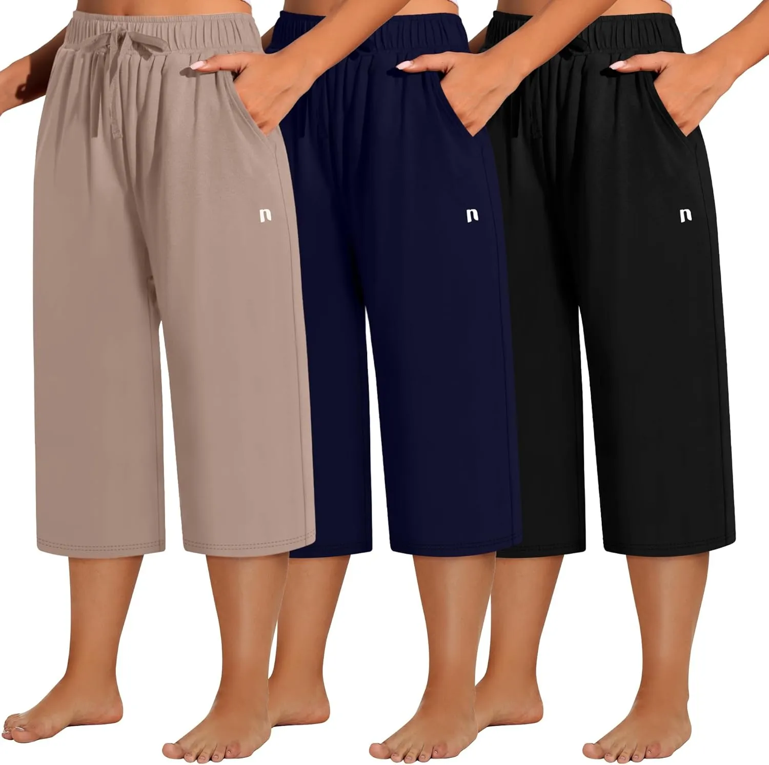 Neer 3 Pack Women's Plus Size Capris, Cotton Wide Leg Pants Casual Drawstring Capri Sweatpants Drawstring Pants with Pockets