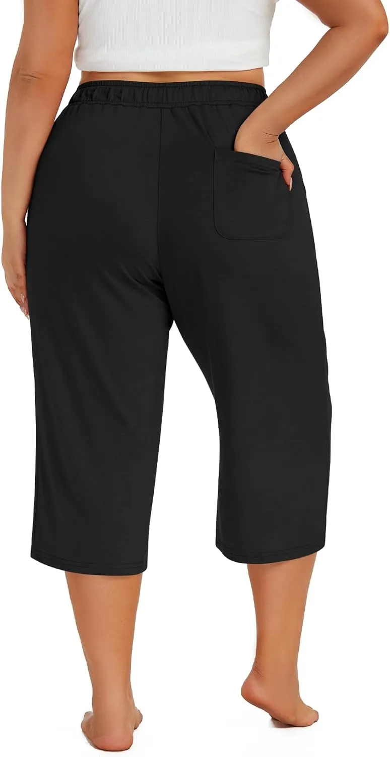 Neer 3 Pack Women's Plus Size Capris, Cotton Wide Leg Pants Casual Drawstring Capri Sweatpants Drawstring Pants with Pockets