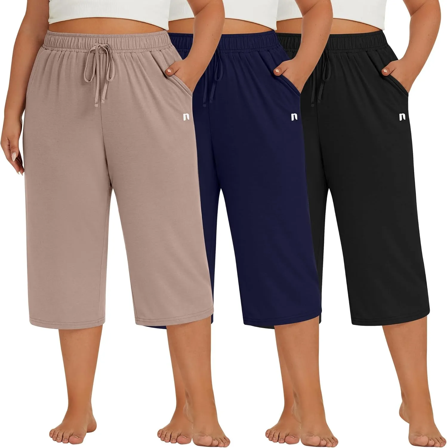 Neer 3 Pack Women's Plus Size Capris, Cotton Wide Leg Pants Casual Drawstring Capri Sweatpants Drawstring Pants with Pockets