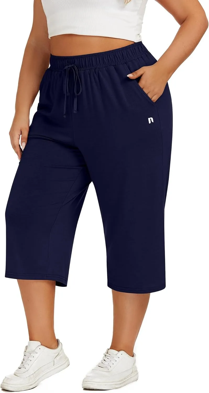 Neer 3 Pack Women's Plus Size Capris, Cotton Wide Leg Pants Casual Drawstring Capri Sweatpants Drawstring Pants with Pockets