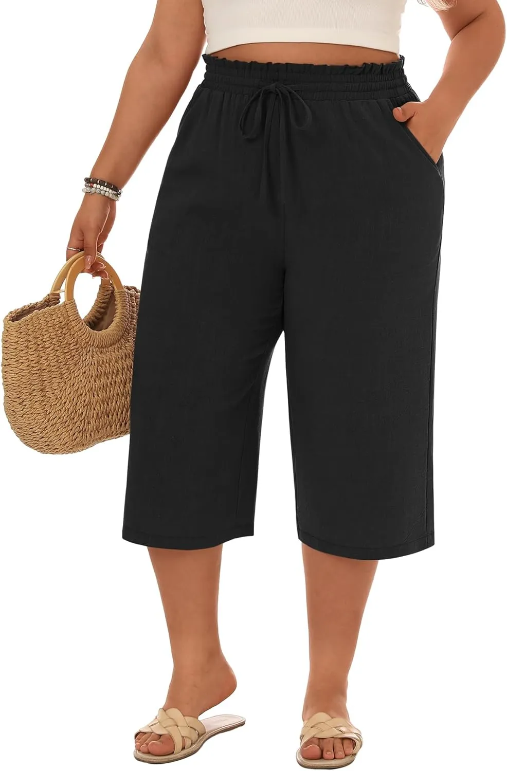 Neer Plus Size Women's Linen Capri Baggy Wide Leg Pant Casual High Waisted Drawstring Lounge Trouser with Pockets