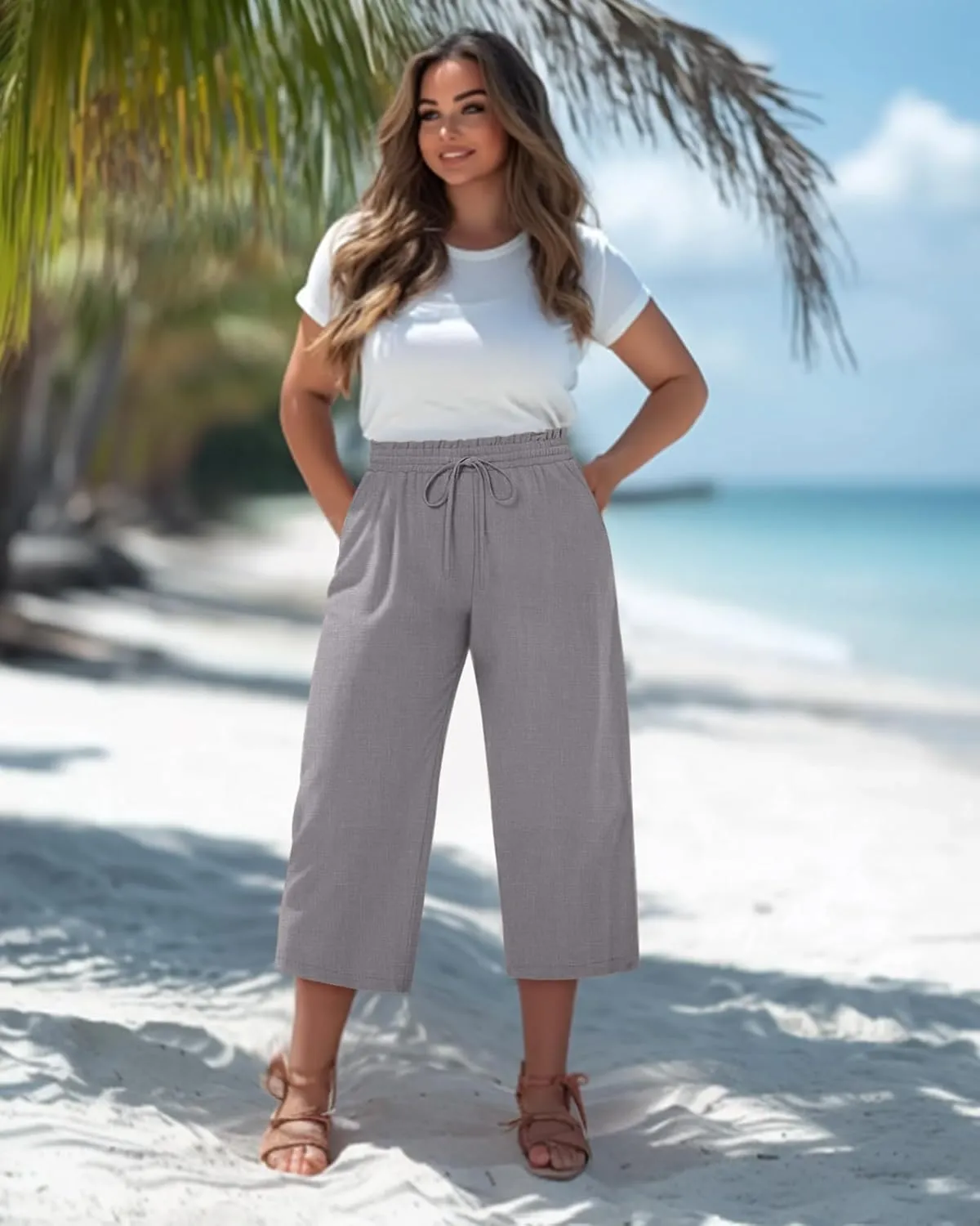 Neer Plus Size Women's Linen Capri Baggy Wide Leg Pant Casual High Waisted Drawstring Lounge Trouser with Pockets