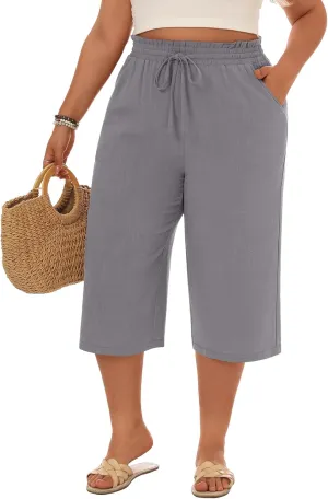 Neer Plus Size Women's Linen Capri Baggy Wide Leg Pant Casual High Waisted Drawstring Lounge Trouser with Pockets