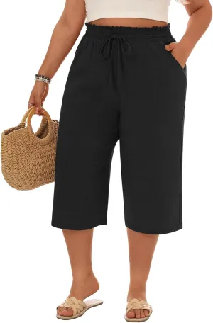 Neer Plus Size Women's Linen Capri Baggy Wide Leg Pant Casual High Waisted Drawstring Lounge Trouser with Pockets