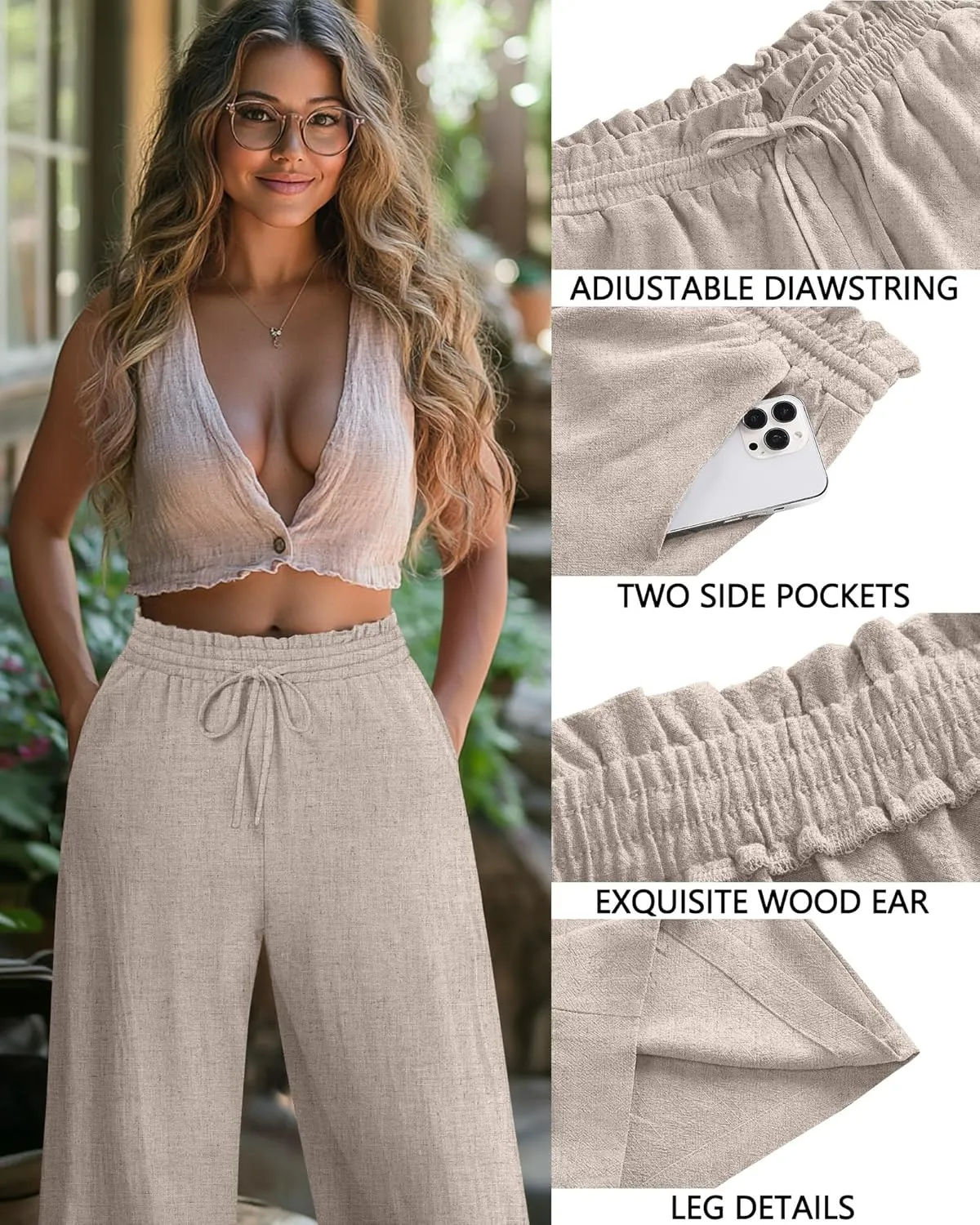 Neer Plus Size Women's Linen Capri Baggy Wide Leg Pant Casual High Waisted Drawstring Lounge Trouser with Pockets