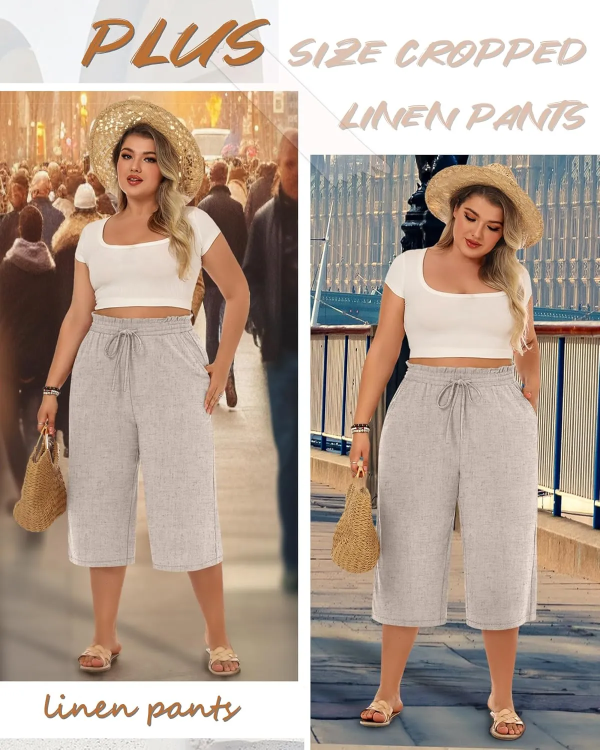Neer Plus Size Women's Linen Capri Baggy Wide Leg Pant Casual High Waisted Drawstring Lounge Trouser with Pockets