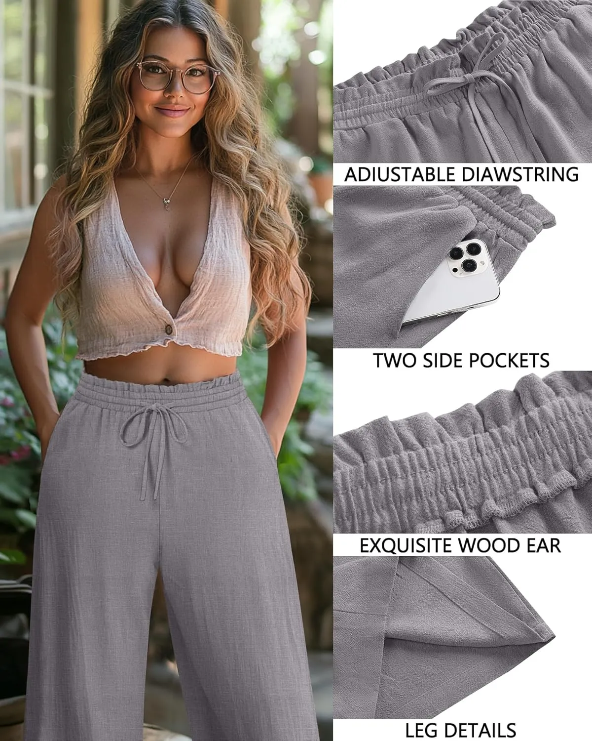 Neer Plus Size Women's Linen Capri Baggy Wide Leg Pant Casual High Waisted Drawstring Lounge Trouser with Pockets