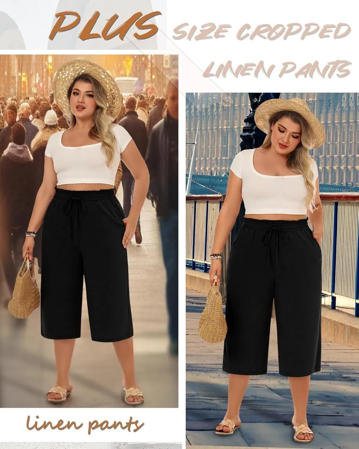 Neer Plus Size Women's Linen Capri Baggy Wide Leg Pant Casual High Waisted Drawstring Lounge Trouser with Pockets