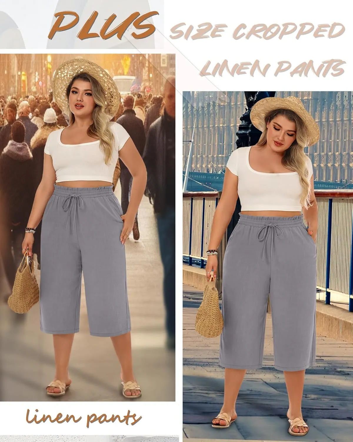 Neer Plus Size Women's Linen Capri Baggy Wide Leg Pant Casual High Waisted Drawstring Lounge Trouser with Pockets