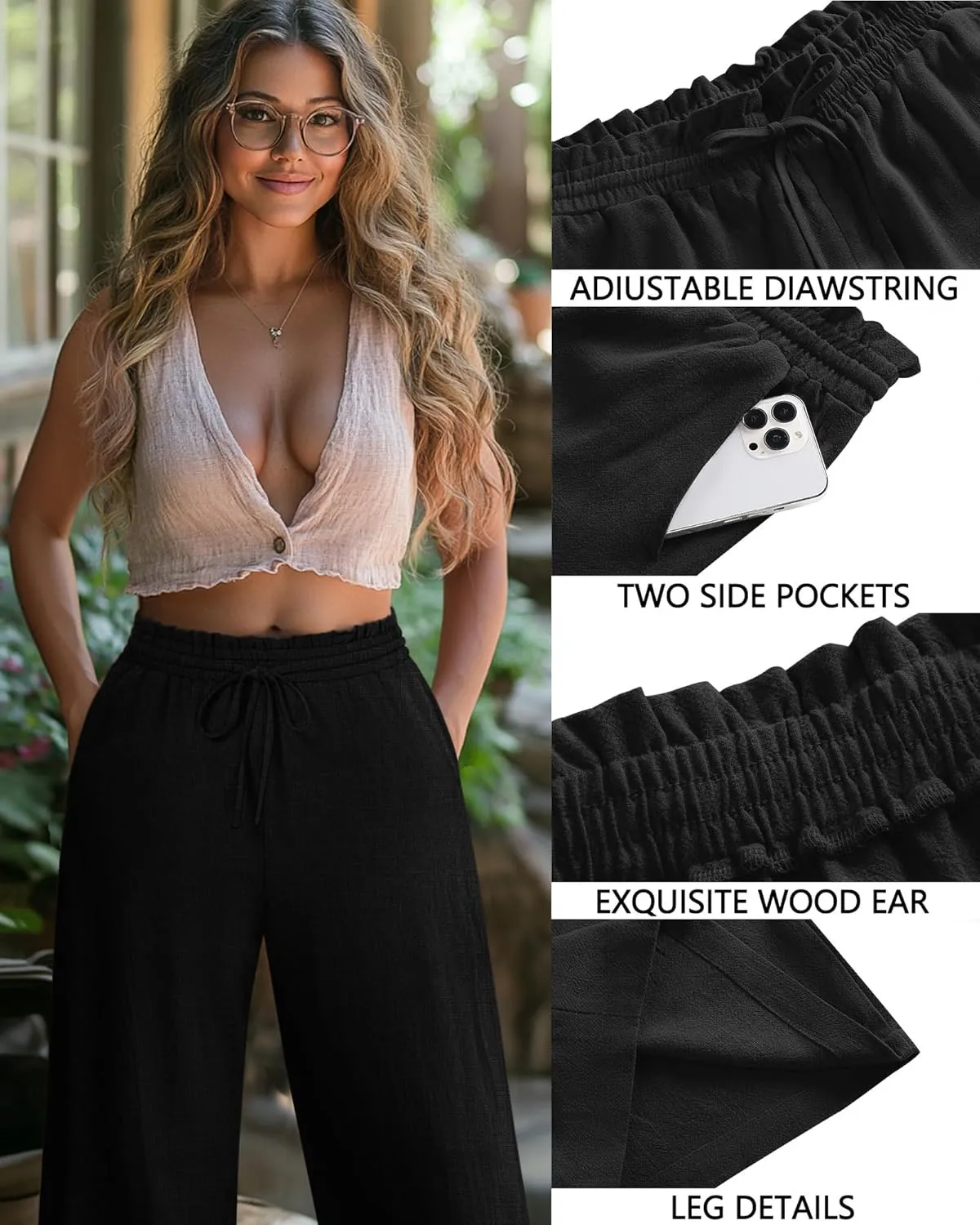 Neer Plus Size Women's Linen Capri Baggy Wide Leg Pant Casual High Waisted Drawstring Lounge Trouser with Pockets