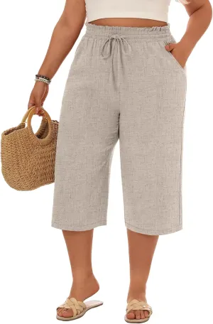 Neer Plus Size Women's Linen Capri Baggy Wide Leg Pant Casual High Waisted Drawstring Lounge Trouser with Pockets