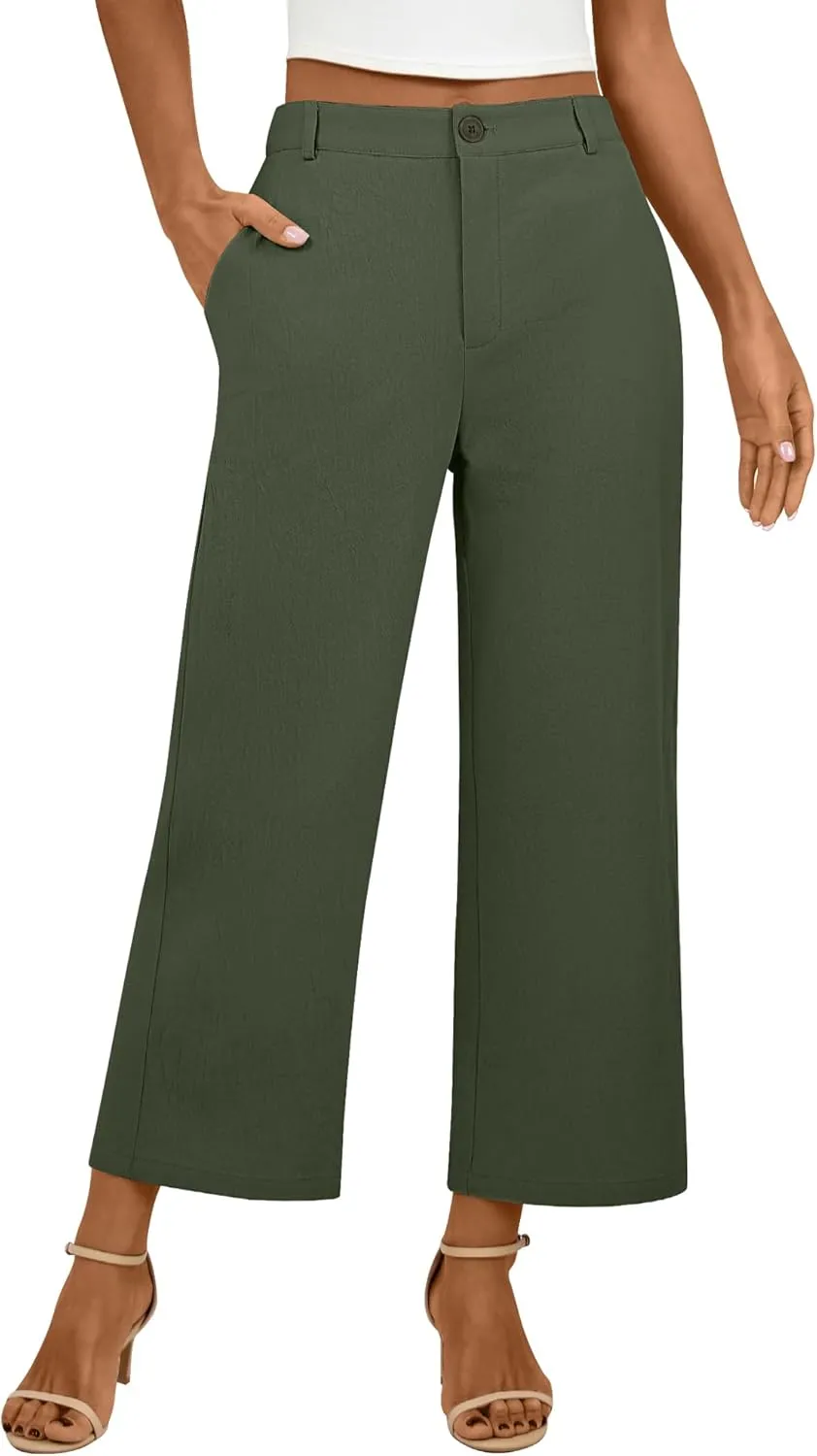 Neer Women's Cotton Linen Palazzo Pants, Casual Wide Leg Lounge Pants Summer High Waisted Flowy Trousers with Pockets